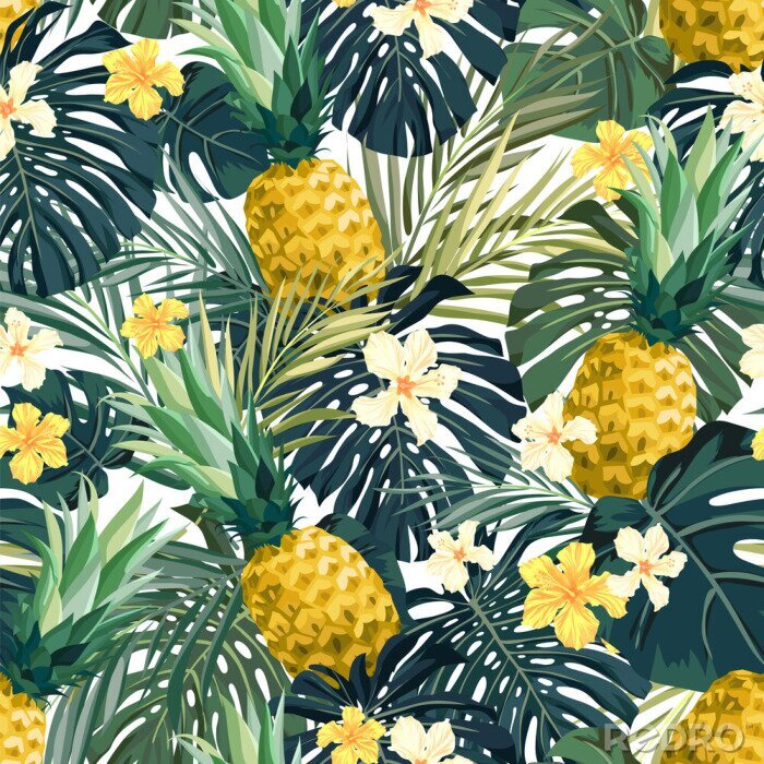 Bild Tropische Blumenblätter und Ananas