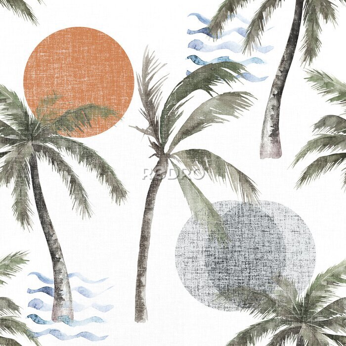 Bild Tropische Palmen und Sonne mit Aquarellfarben gemalt