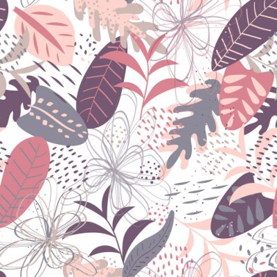 Tropisches nahtloses Muster des Vektors in den Farben Pastellrosa und Flieder. Eleganter tropischer Hintergrund. Nahtlose Textur mit Blumenornament für Stoff, Tapete, Bezug und mehr