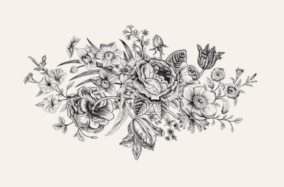 Tulpen und Blumen Zusammensetzung in schwarz und weiß