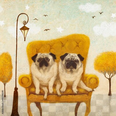 Bild Two funny pugs sitting on a couch. Hand painted illustration.