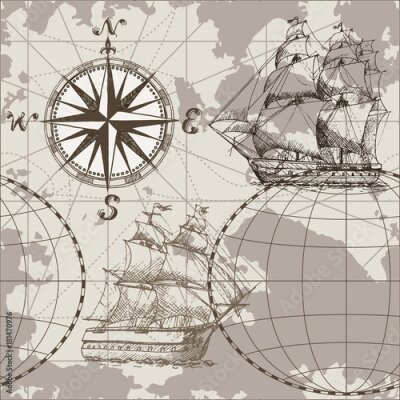 Bild Übergeben Sie gezogene nahtlose Seekarte des Vektors mit Kompass und Segelschiff. Perfekt für Textilien, Tapeten und Drucke.