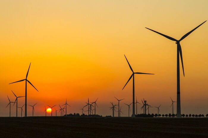 Bild untergehende Sonne und Windräder