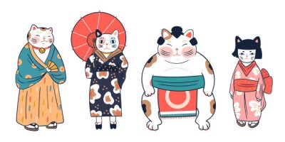 Bild Various cats dressed in traditional japanese clothes. Anthropomorphic animals. Kawaii illustration. Hand drawn colored vector set. All elements are isolated