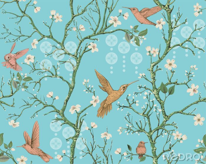Bild Vector colorful pattern with birds and flowers. Hummingbirds and flowers, retro style, floral backdrop. Spring, summer flower design for wrapping paper, cover, textile, fabric, wallpaper