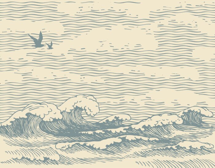 Bild Vector decorative seascape in retro style with waves, seagulls and clouds in the sky. Hand-drawn illustration of the sea or ocean, waves of water on the old paper background. Contour drawing