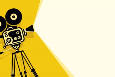 Bild Vector gelben Hintergrund mit altmodischer Filmkamera der Beleuchtung auf dem Stativ. Kann für Banner, Poster, Webseite, Hintergrund verwendet werden