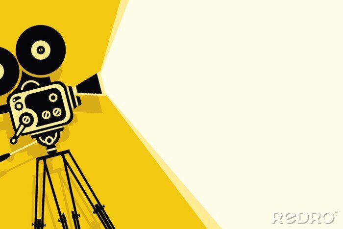 Bild Vector gelben Hintergrund mit altmodischer Filmkamera der Beleuchtung auf dem Stativ. Kann für Banner, Poster, Webseite, Hintergrund verwendet werden
