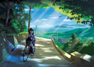 Bild vector illustration in an anime style of a Japanese girl student rides a bicycle on a road in the countryside