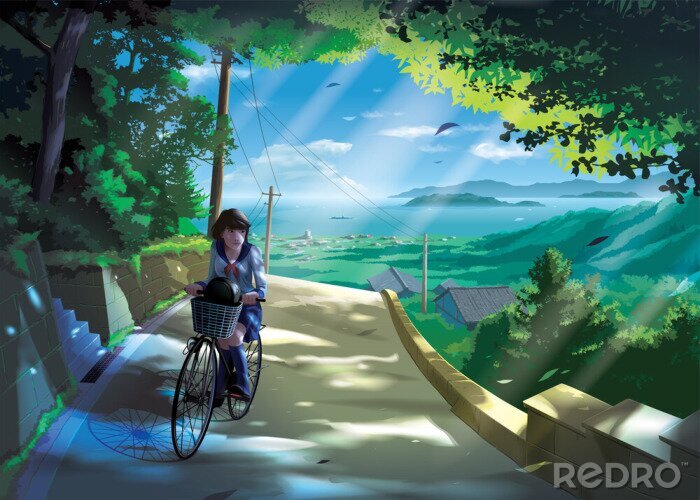 Bild vector illustration in an anime style of a Japanese girl student rides a bicycle on a road in the countryside