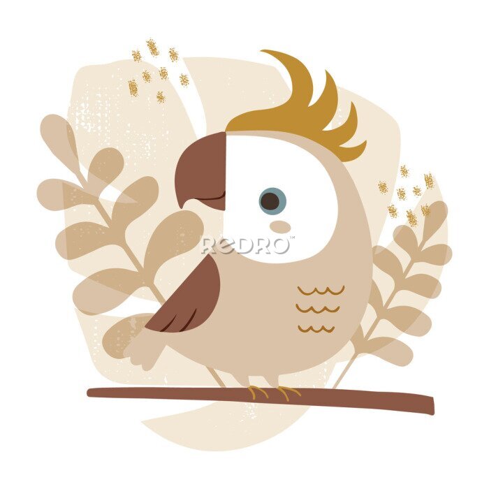 Bild Vector illustration of cute cockatoo parrot with botanical background in trendy earthy colors.