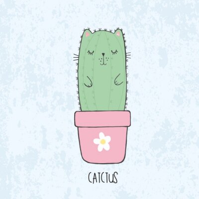 Bild Vector illustration of hand drawn sketch cute kawaii cat cactus in a flowerpot with flower in anime style with lettering catctus