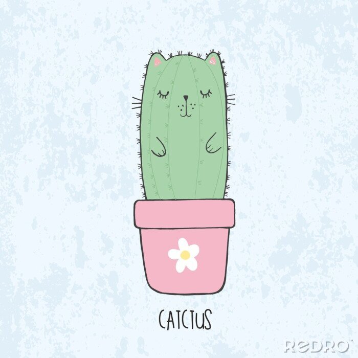 Bild Vector illustration of hand drawn sketch cute kawaii cat cactus in a flowerpot with flower in anime style with lettering catctus