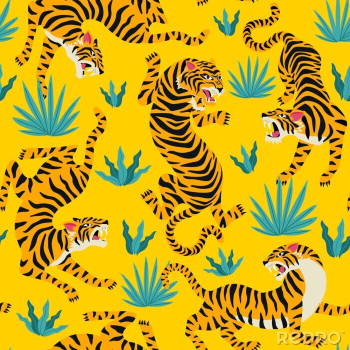 Bild Vector seamless pattern with cute tigers on background. Circus animal show. Fashionable fabric design.