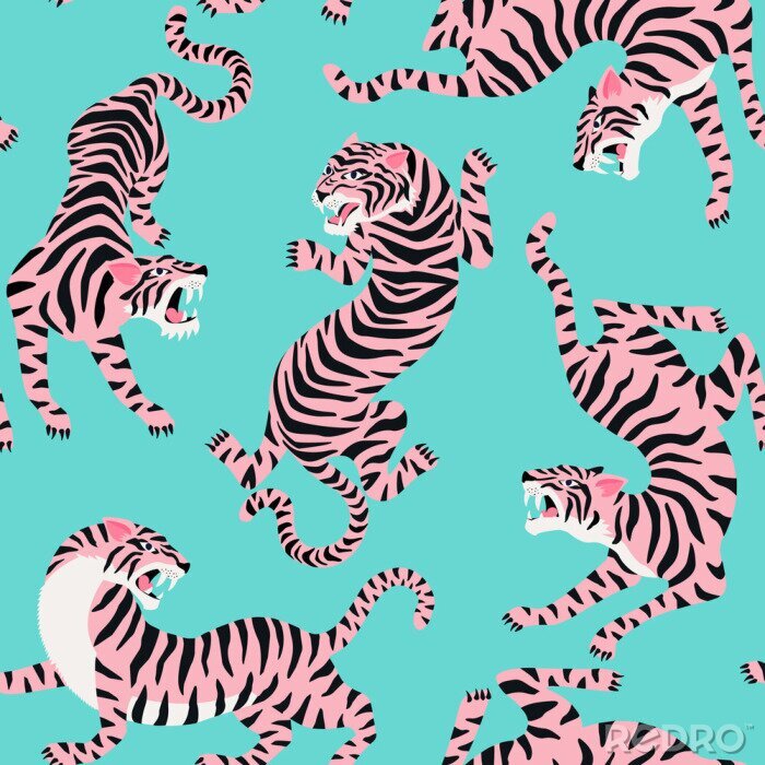 Bild Vector seamless pattern with cute tigers on background. Circus animal show. Fashionable fabric design.