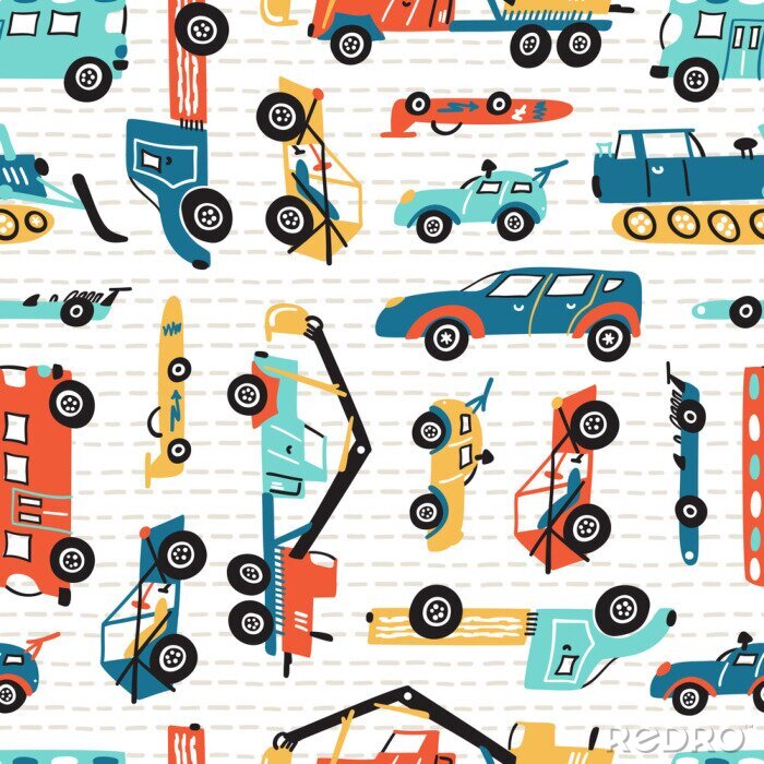 Bild Vector Seamless Pattern with Doodle Toy Racing Cars, Heavy Construction Trucks. Cartoon Transportation Background for Kids. 