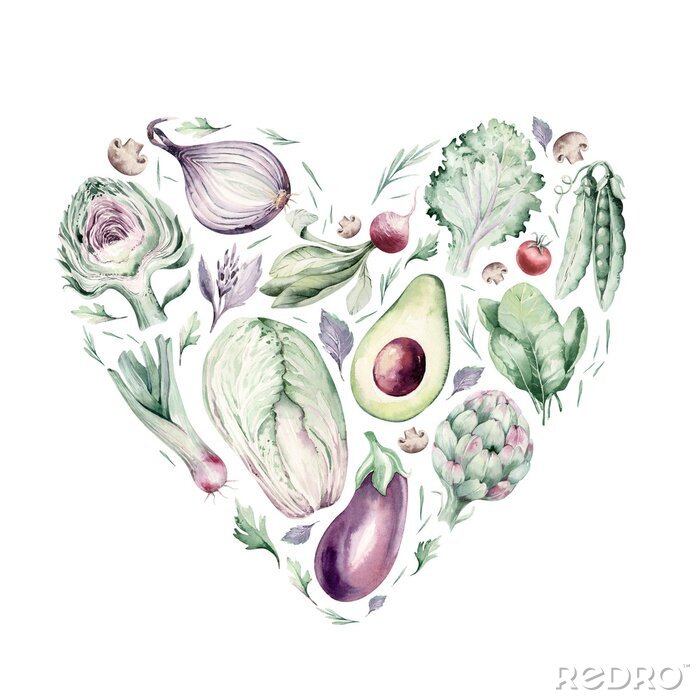Bild Vegetables healthy green organic set watercolor heart shape artichoke, broccoli, spinach, celery vitamin Cabbage, leek and onion illustration. Isolated lettuce and radish. sketch eggplant mushroom.