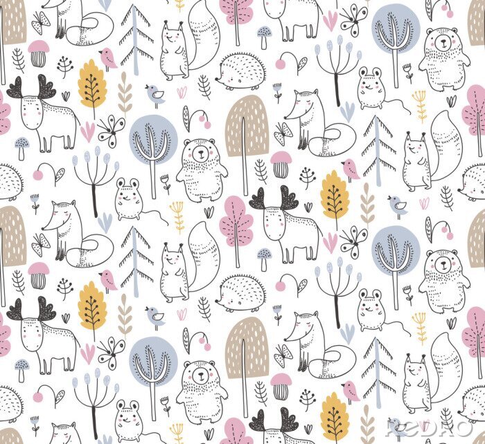 Bild Vektor nahtloses Muster mit Hand gezeichneten wilden Waldtieren