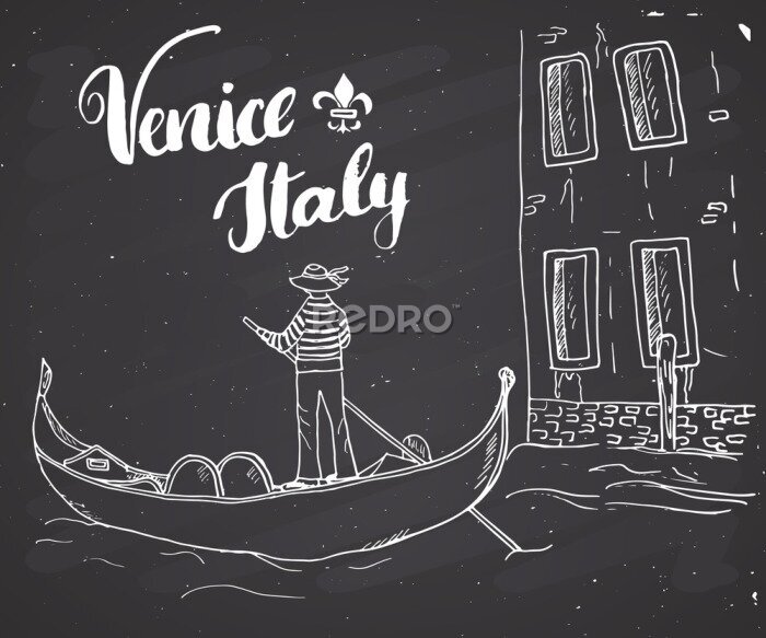 Bild Venedig Italien Hand gezeichnetes Gekritzel Gondoliere und handgeschriebenes Zeichen der Beschriftung, kalligraphischer Text des Schmutzes. Vektor-Illustration auf Tafel Hintergrund