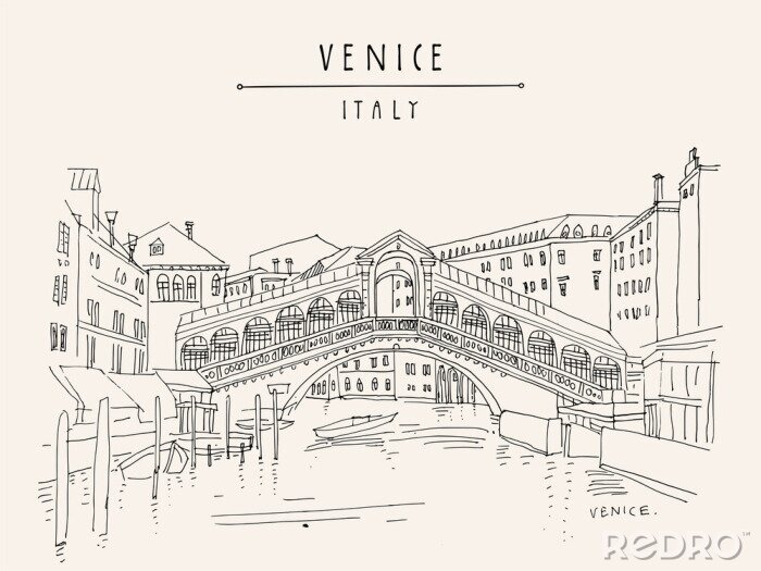 Bild Venice, Italy, Europe. Famous Rialto bridge across Grand canal. Travel sketch. Artistic hand drawing. Vector hand drawn postcard, poster, artistic book, calendar or travel booklet illustration