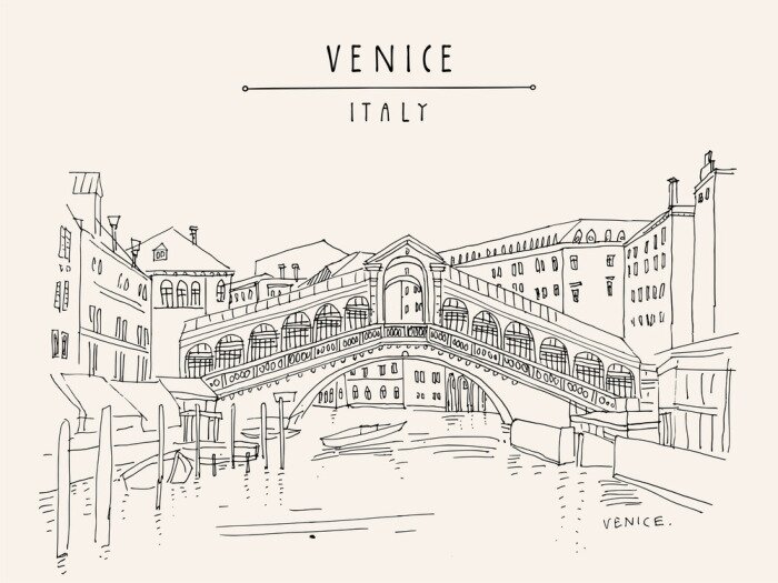 Bild Venice, Italy, Europe. Famous Rialto bridge across Grand canal. Travel sketch. Artistic hand drawing. Vector hand drawn postcard, poster, artistic book, calendar or travel booklet illustration