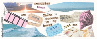 Bild Vintage elements for collage and scrapbooking. Photo clippings of sea, sky, beach. Torn ticket to the sea and photographic film. Retro collage with memories.