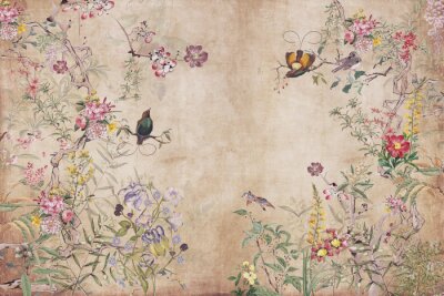Vintage-Muster mit Paradiesvögeln und Blumen