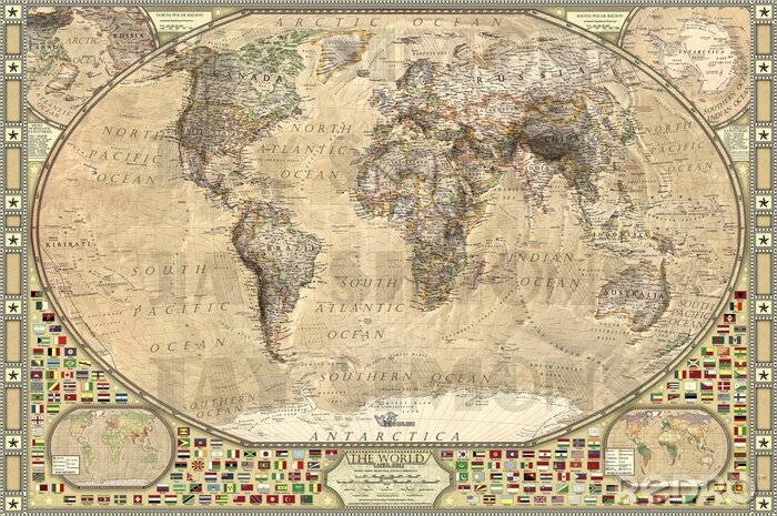 Bild Vintage Weltkarte mit Abbildungen von Flaggen