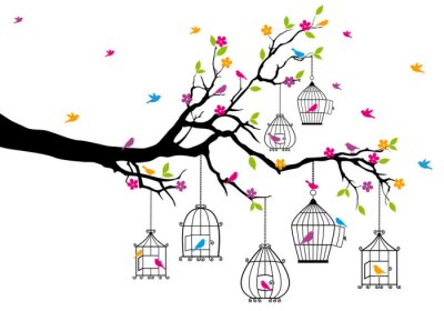 Vögel auf einem Baum in Käfigen