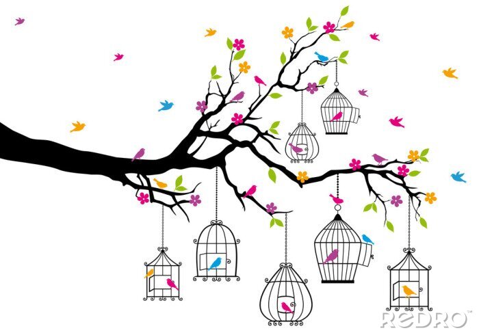 Bild Vögel auf einem Baum in Käfigen
