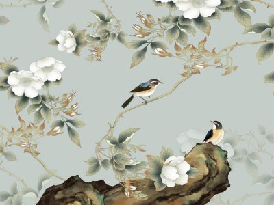 Vögel sitzen auf Zweigen mit weißen Blüten