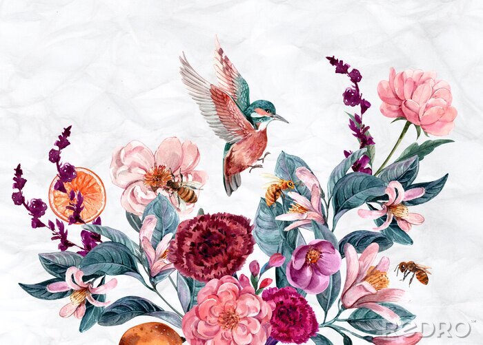 Bild Vögel und farbenfrohe Blumen