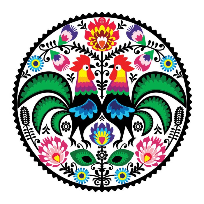 Bild Volksmuster mit Blumen und Hähnen im Łowicz-Stil