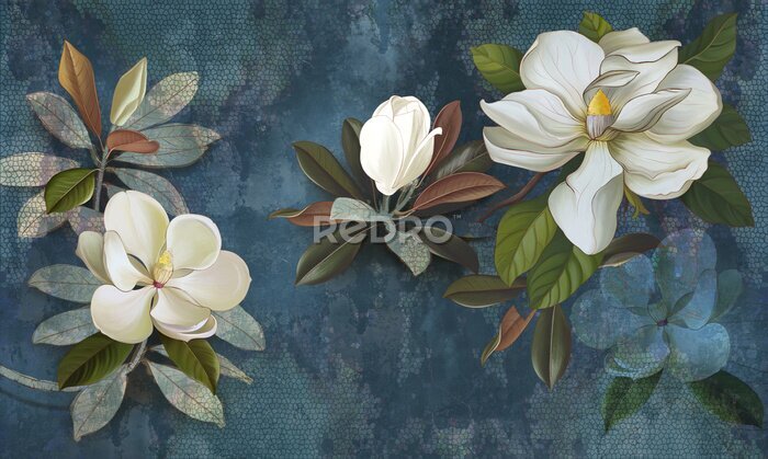 Bild Wall mural, wallpaper, postcard, flowers on a dark background, magnolia, jasmine, leaves. Painted flowers.