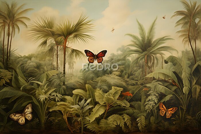 Bild wallpaper jungle landscape and leaves tropical forest mural with butterflies old drawing vintage background