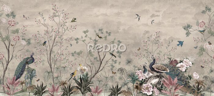 Bild wallpaper jungle pattern and tropical forest banana palm and tropical birds peacock birds old drawing vintage big