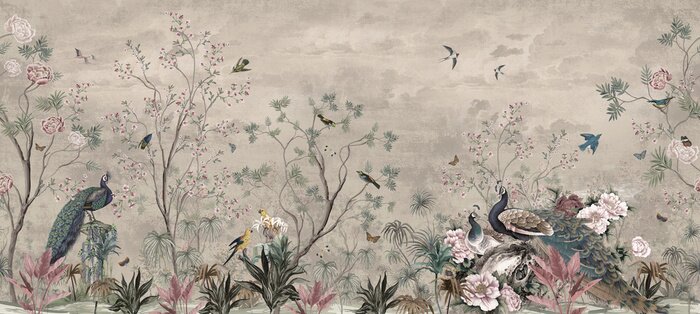 Bild wallpaper jungle pattern and tropical forest banana palm and tropical birds peacock birds old drawing vintage big