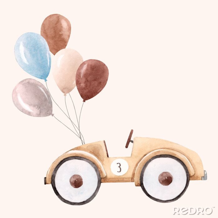 Bild Wasserfarbenes Spielzeugauto mit Luftballons
