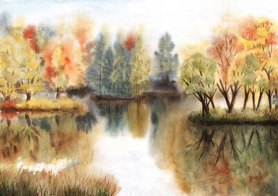 Bild Watercolor autumn landscape with trees on islands and their reflections in a lake