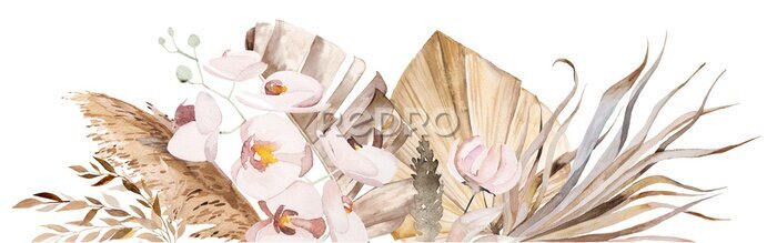 Bild Watercolor Bohemian border with dried leaves and tropical flowers illustration