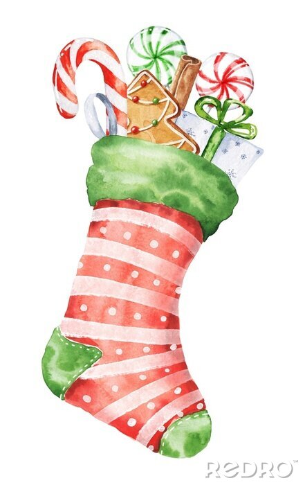 Bild Watercolor Christmas stocking with gifts on white background. Watercolour winter season holidays illustration.