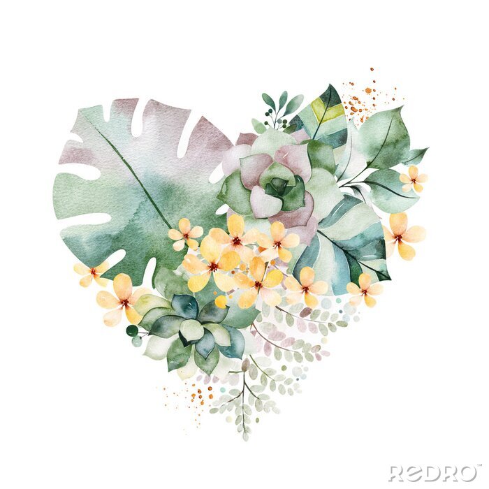 Bild Watercolor Green illustration.1 arrangement with succulents,palm leaves,branches,yellow flowers and more.Perfect for wedding,quotes,Birthday and invitation cards,print,blog,bridal cards,Valentines day