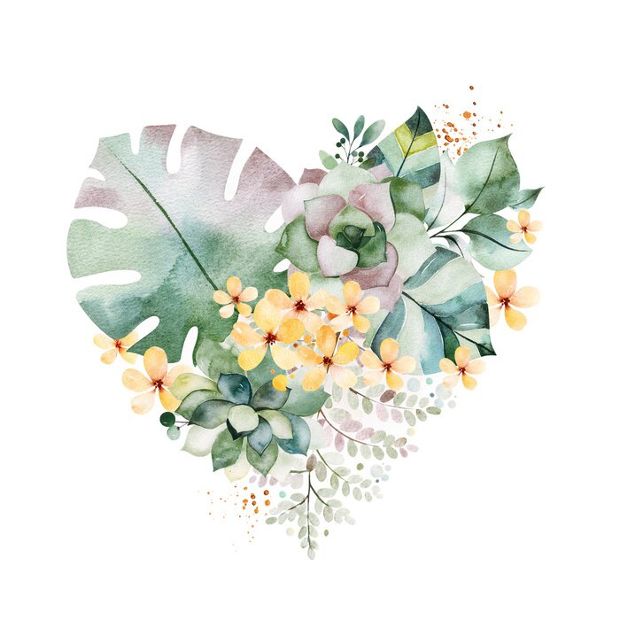 Bild Watercolor Green illustration.1 arrangement with succulents,palm leaves,branches,yellow flowers and more.Perfect for wedding,quotes,Birthday and invitation cards,print,blog,bridal cards,Valentines day