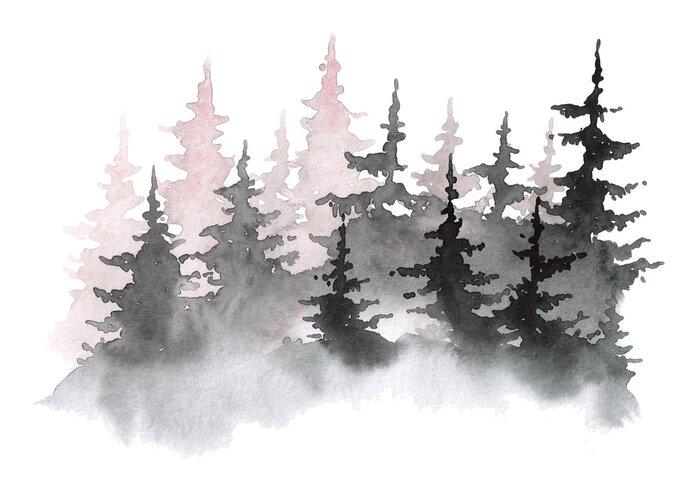 Bild Watercolor hand drawn illustration with Forest. silhouette of a pine forest. Forest background for calligraphic inscription.
