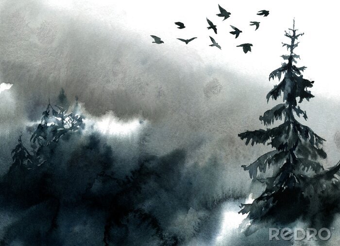 Bild Watercolor landscape, forest and fog.
