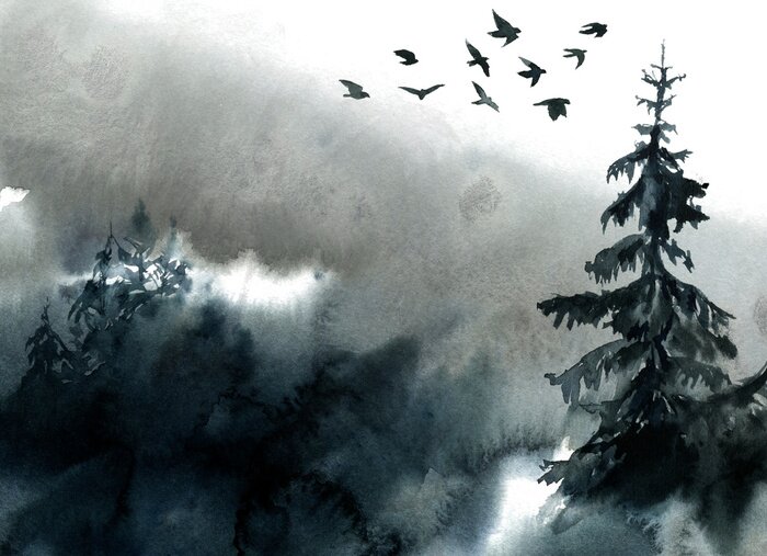 Bild Watercolor landscape, forest and fog.