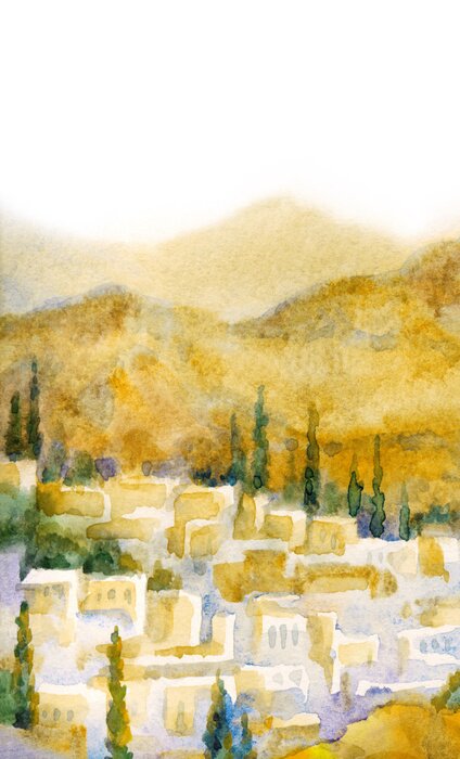 Bild Watercolor landscape. Old city in a valley between the mountains