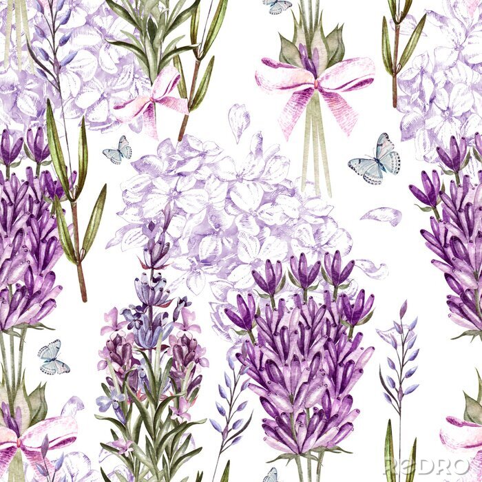 Bild Watercolor pattern with Lavender and graphic hudrangea. Hand painting. Seamless pattern for fabric, paper and other printing and web projects. 