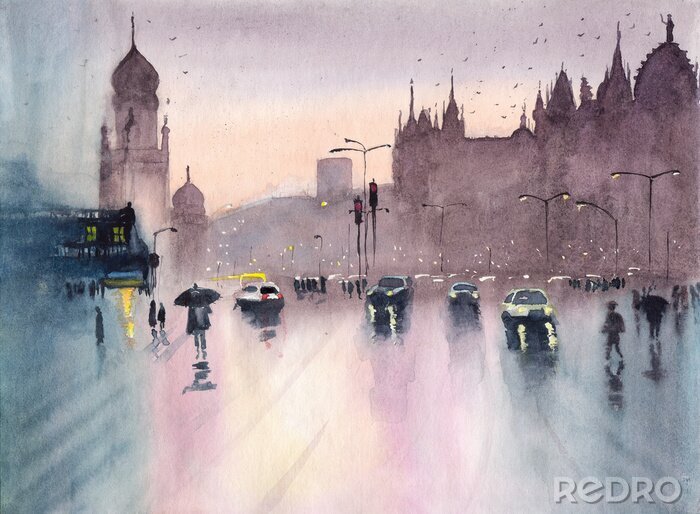 Bild Watercolor picture of rainy cityscape of Mumbai with cars and pedestrians