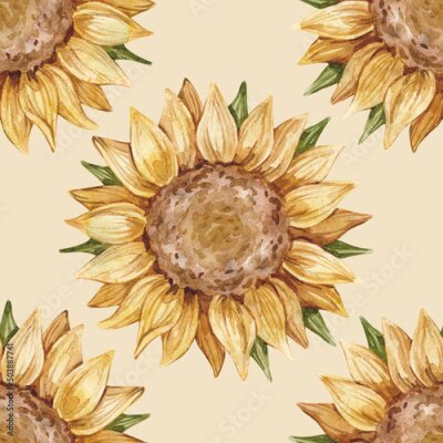 Bild Watercolor seamless pattern with vintage yellow sunflowers isolated on beige background. Bright summer collection.